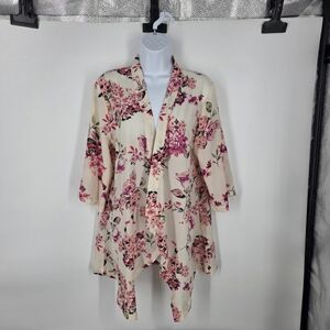 Feitong Floral Open Front Cardigan Cream Pink Purple Boho Summer Kimono XXL